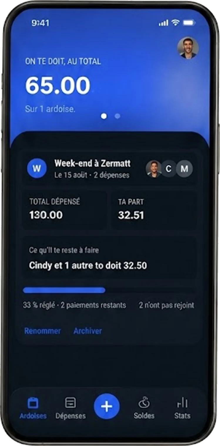 L'Ardoise sur iPhone : le total dû, l'ardoise « Week-end à Zermatt » et ses deux chiffres.